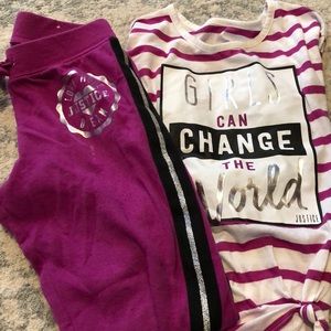 Matching top and bottom sweatpants and shirt.